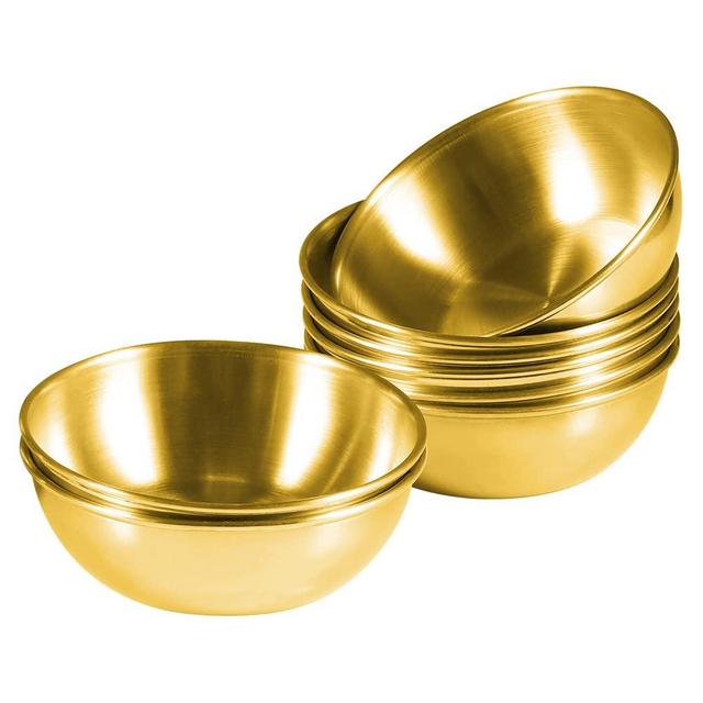 Amytalk 8 Pack 3.5inch Stainless Steel Sauce Dishes Mini Individual Saucers Bowl Round Seasoning Dishes Sushi Dipping Bowl Appetizer Plates (Golden)