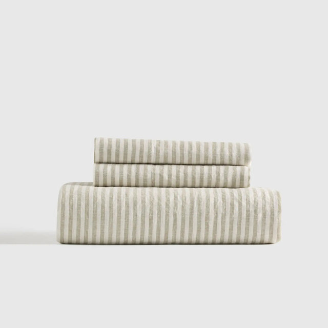 European Linen Stripe Fitted Sheet Set - Willowleaf/White Stripe, King