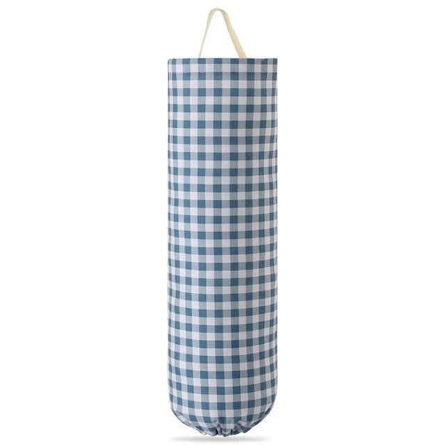 Poola Voidra Gingham Plastic Bag Holder, Wall Mount Grocery Bag Storage Organizer, Hanging Buffalo Check Plaid Trash Bags Dispenser for Farmhouse Home Kitchen Pantry Laundry Room Decor(Dusty Blue)