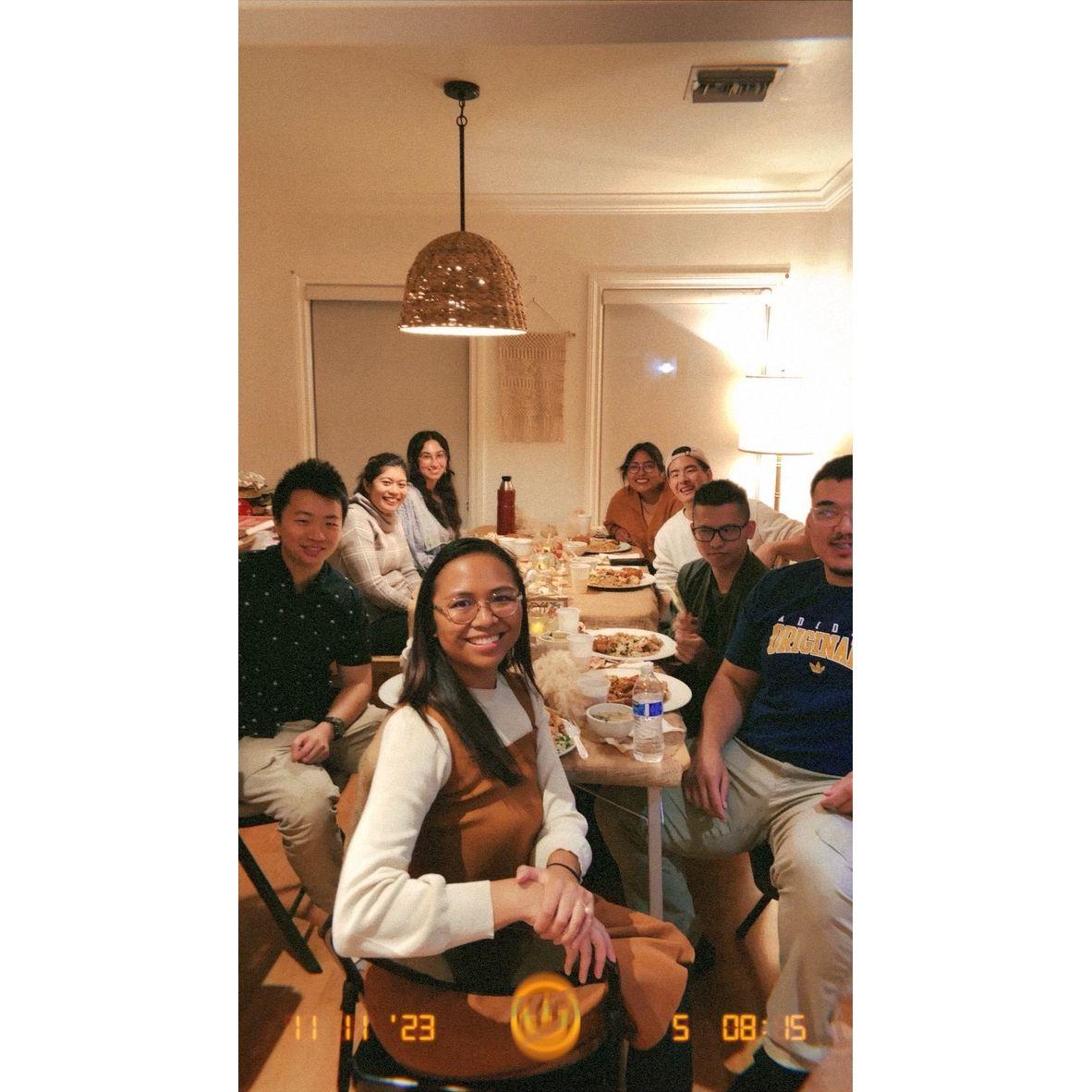 Yishen and Jianna would talk with each other more during friend hangouts and after attending church on Sundays. (Friendsgiving at Jianna's house, 2023).