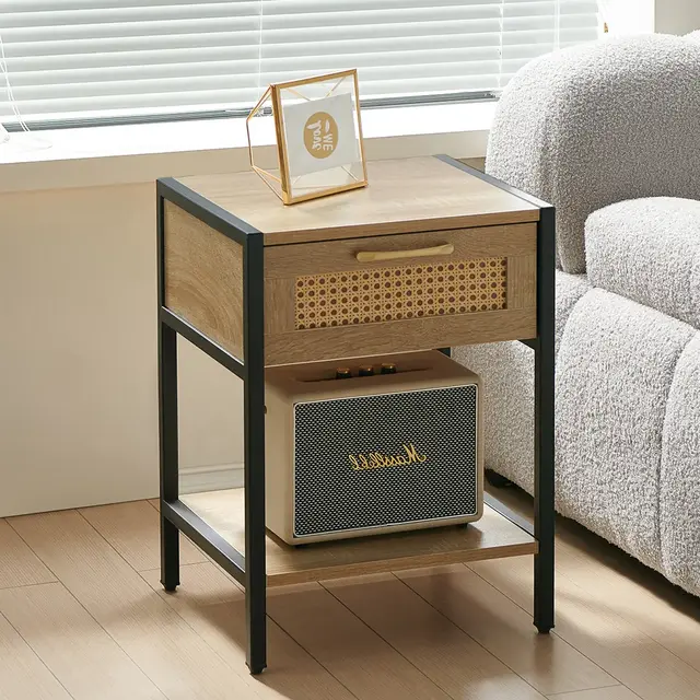 1 PC 15.74" Rattan End Table/Side Table with Drawer, Modern Nightstand with Metal Legs, Natural 4W - ModernLuxe