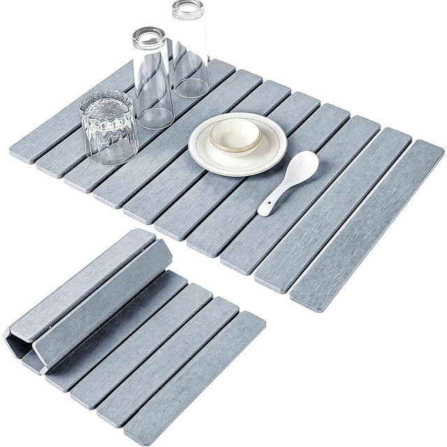Large Stone Dish Drying Mats for Kitchen Counter 24"(L)×16"(W) Foldable Quick Dry Stone Dish Drying Mats Kitchen Absorbent Diatomaceous Earth Drying Stone Mat for Dishes Bottles Cups Medium Gray