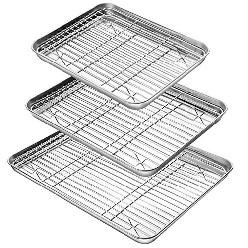 YIHONG Baking Sheet with Rack Set (3 Sheets+3 Racks), Stainless Steel Baking Pans Cookie Sheets with Cooling Racks for Baking Use,Non Toxic, Easy Clean,Dishwasher Safe