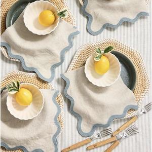 European Linen Scallop Edge Napkins (Set of 12) in Flax/dusty Blue