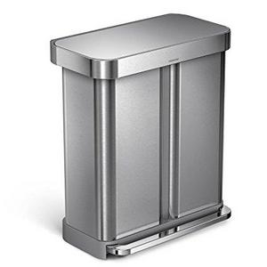 simplehuman 58 Liter / 15.3 Gallon Stainless Steel Dual Compartment Rectangular Kitchen Step Trash Can with Liner Pocket, Brushed Stainless Steel