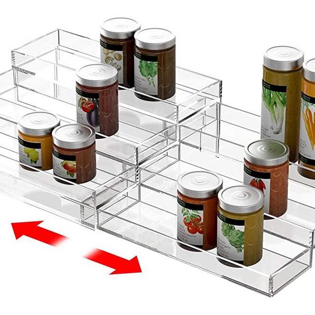 AmoVee 3 Tier Expandable Spice Rack Organizer for Cabinet/Countertop/Pantry Kitchen Spice Organizer Storage Shelf with Protection Railing Acrylic Transparent