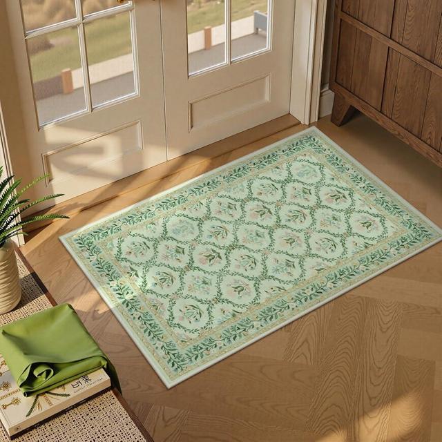 Uphome Moroccan Trellis Washable Rug, 2x3 Vintage Small Floral Kitchen Rugs for Entryway Non Slip, Soft Traditional Indoor Throw Door Mat Low Pile for Entry Bedroom Bathroom, Light Green