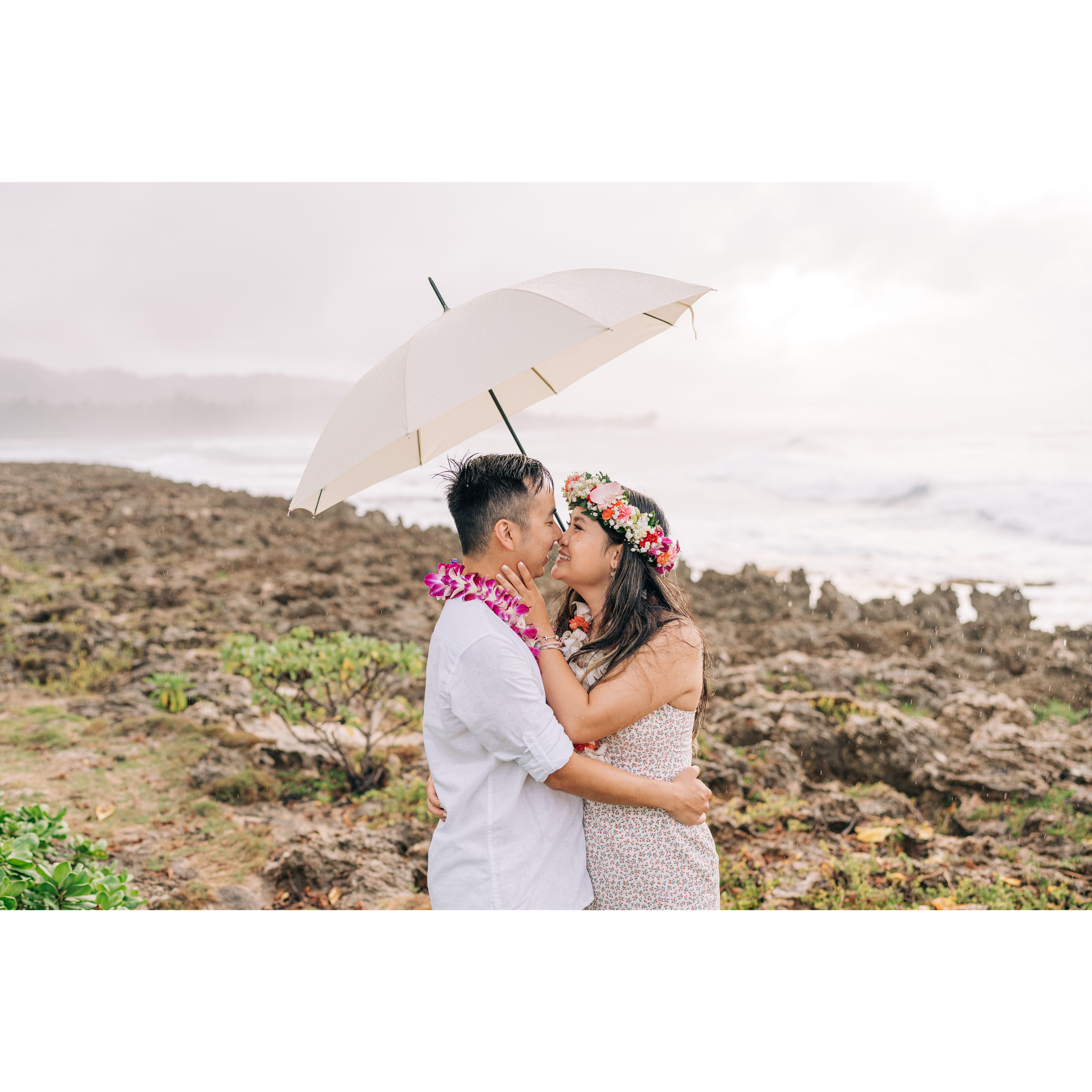 Whenever Al proposed in Hawaii, it started raining! Luckily we had an umbrella on standby.