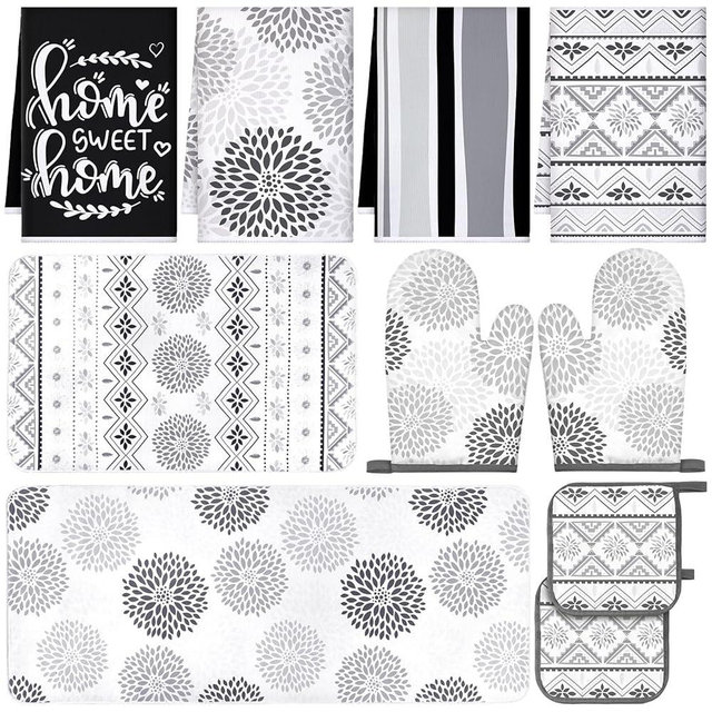 Fanfanwin 10 Pcs Boho Oven Mitts Pot Holders Anti Fatigue Kitchen Rug and Towel Set Floral Non Slip Mats Decor Kitchen Towels for Baking Cooking BBQ Gifts Decor(Flower)