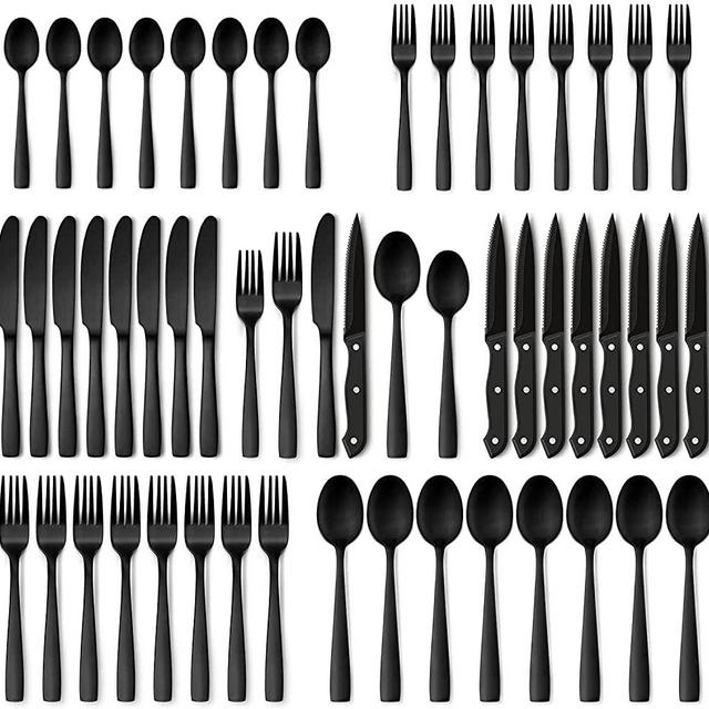 Hiware 48-Piece Matte Black Silverware Set with Steak Knives, Black Flatware Set for 8, Stainless Steel Tableware Cutlery Set, Utensil Sets for Kitchen, Hand Wash Recommended