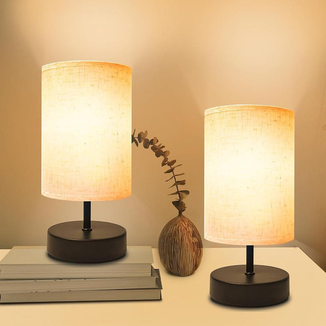 DEGNJU Small Lamp for Bedroom, Bedside Lamps for Night Stands, Mini Minimalist Table Lamp with Round Flaxen Fabric Shade, 9 Inch Desk Reading Lamp for Dorm Room Living Room Office Room, 2 Pack