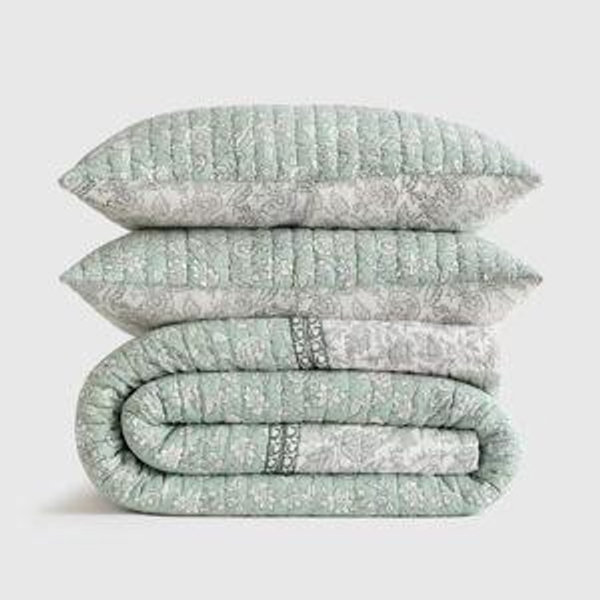 Organic Cotton Block Print Quilt Set - Green, King/Cal King