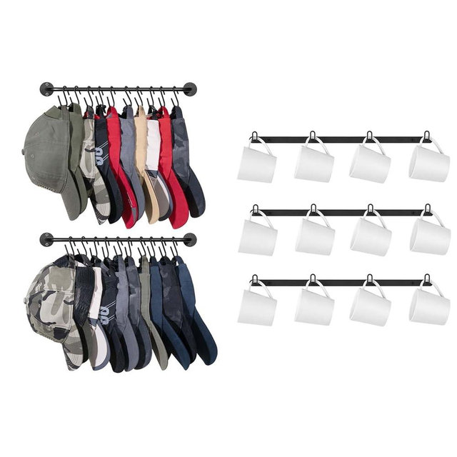 Mkono Hat Rack for Baseball Cap Organizer Hanger with 20 Hooks Modern Metal Holder Wall-Mounted Display and Mug Holder Wall Mounted Metal Coffee Cup Holder Hanging Coffee Mug Rack with Hooks Hanger