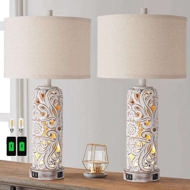 RORIANO Set of 2 Rustic Farmhouse Table Lamps for Living Room Bedroom, Vintage Bedside Lamp with Dual USB Port, Antique White Resin Retro Nightstand Lamps with Night Light, 2 Bulbs Include
