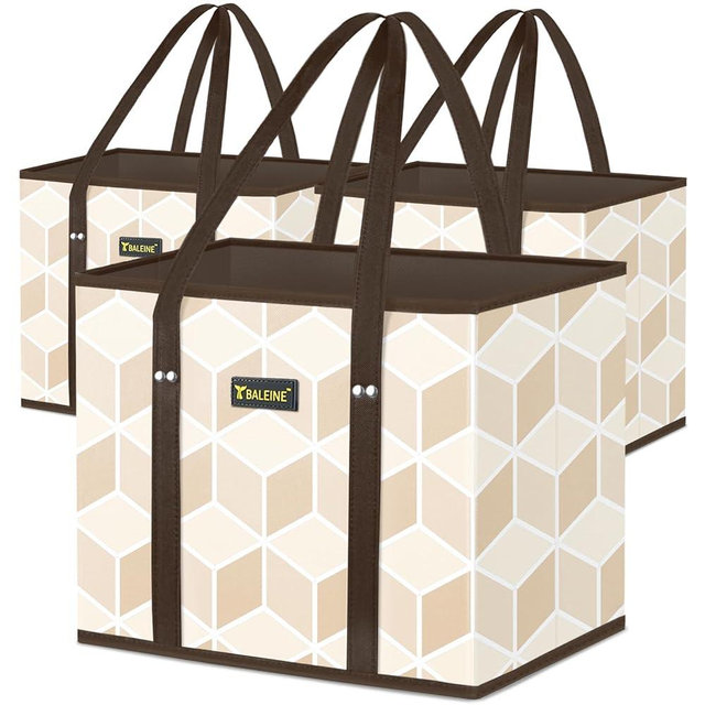 BALEINE 3Pk Reusable Grocery Bags, Foldable Shopping Bags for Groceries with Reinforced Bottom & Handles (Parallelogram)
