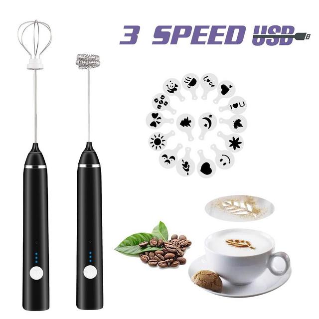 Rechargeable Milk Frother Handheld Electric Foam Maker with Stainless Whisk 3 Speed for Bulletproof Coffee Latte Cappuccino Hot Chocolate Black Extra 16 Pcs Art Stencils