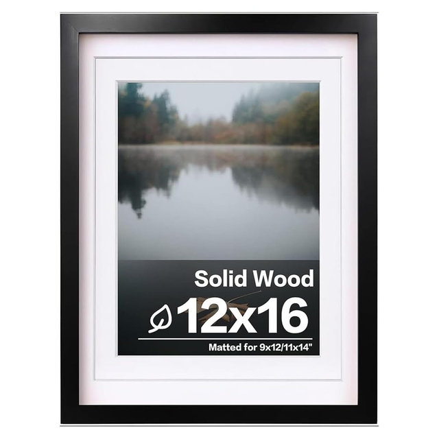 Egofine 12x16 Picture Frame Black, Covered by Plexiglass Made of Solid Wood, Display Pictures 9x12 and 11x14 with Mat or 12x16 Without Mat, for Wall Mounting Photo Frame