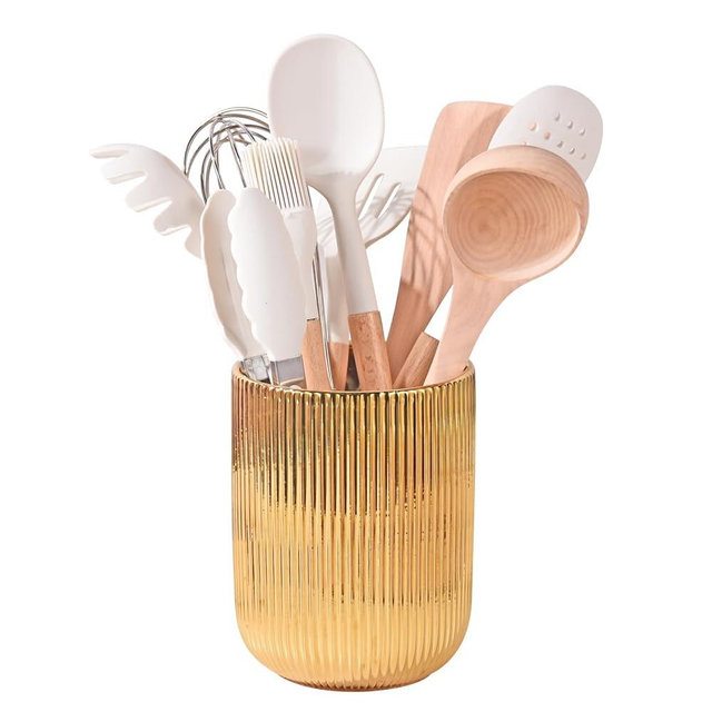 Satu Brown Utensil Holder, Ceramic Kitchen Gold Utensil Holder for Countertop,Cooking Utensil Crocks for Kitchen Counter 5.1 W x 6.6 H inches（Stripes）