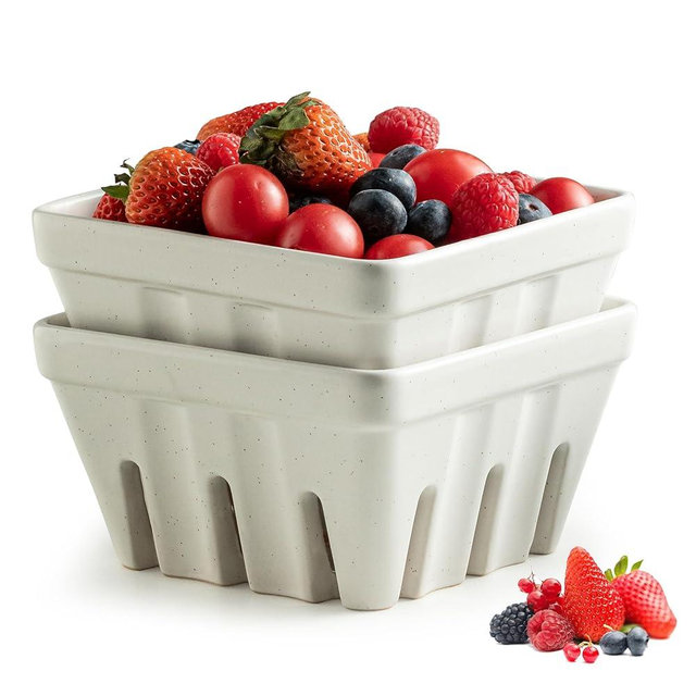 Gomakren Fruit Bowl with Holes, Ceramic Berry Basket Set of 2, 5.7 Inch Square Fruit Basket for Kitchen Counter, Rustic Berry Containers, Farmhouse Kitchen Decor - Cream White
