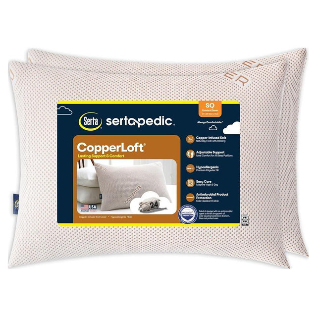 OvieTry Sertapedic CopperLoft Bed Pillows, Standard/Queen 2-Pack, Copper-Infused, Down-Alternative, Cooling Support for All Sleep Positions