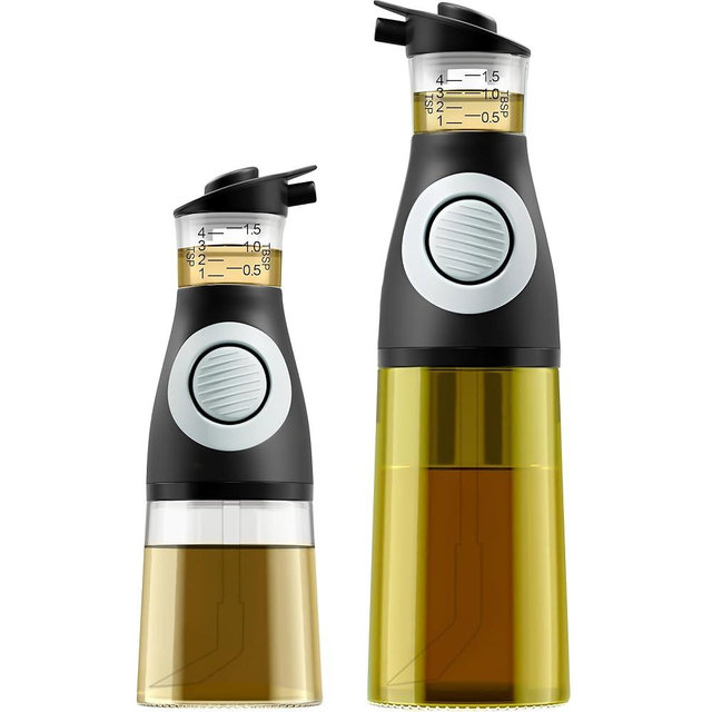 Oil and Vinegar Dispenser Set - Dripless Olive Oil Dispenser Bottles with Built-In Measuring Cup - Glass Oil Dispenser for Kitchen, Cooking, Salad Dressing, and Meal Prep - 2 Dishwasher-Safe Bottles