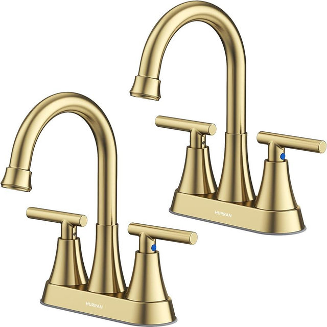 Bathroom Faucets for Sink 3 Hole, Hurran 4 inch Brushed Gold Bathroom Sink Faucet with Pop-up Drain and Supply Hoses, Stainless Steel Lead-Free Centerset Faucet for Bathroom Sink Vanity RV, 2 Pack