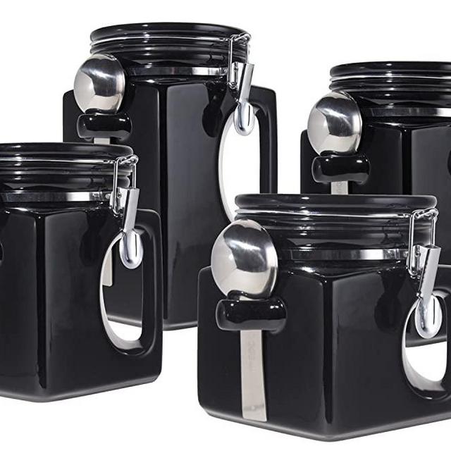 Oggi EZ Grip Handle Ceramic 4 Piece Canister Set, Black