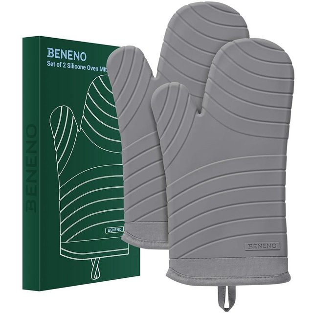 Beneno Premium Silicone Oven Mitts 2-Pack Heat Resistant 500°F, Soft Flexible Non-Slip Grips, BPA-Free & Waterproof Oven Mitts with Comfortable Cotton Lining for Baking, Grilling, Cooking, 7"x13" Gray
