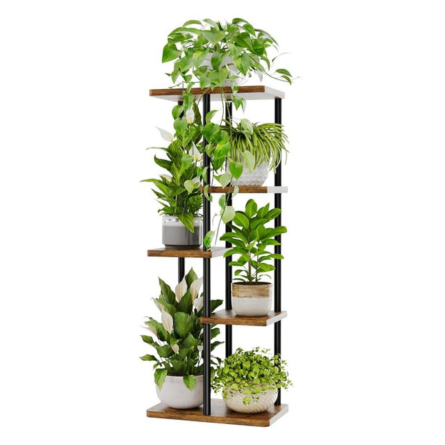 Bamworld Corner Plant Stand Indoor, 5 Tier Metal Plant Shelf for Multiple Plants, Tiered Flower Pot Stands for Patio Garden Balcony Living Room Bedroom, Brown