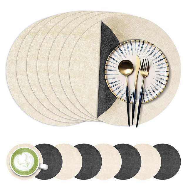 13-Inch Faux Leather Round Placemats Set of 8, Waterproof Anti-Slip Dual Sided Place mats, Heat Resistant Washable Table Mats with Coaster, Suitable for Indoor & Outdoor (8, Black Beige)