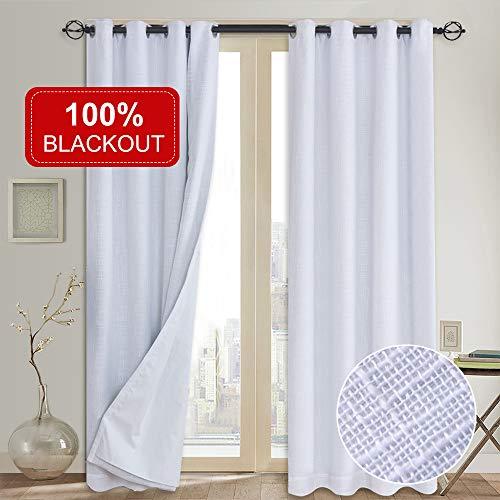 100% Blackout Curtains(with Liner),Primitive Linen Look White Blackout Curtains& Blackout Thermal Insulated Liner,Grommet Curtains for Living Room/Bedroom,Burlap Curtains-2 Panels, 50x84