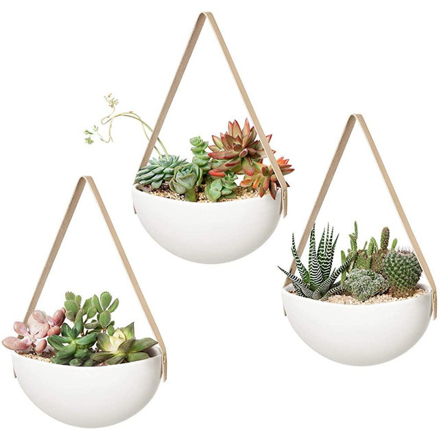 Mkono Ceramic Hanging Planter Wall Planters Set of 3 Modern Flower Plant Pots for Succulent Herb Air Plant Live or Faux Plants Home Office Decor Gift Idea, White