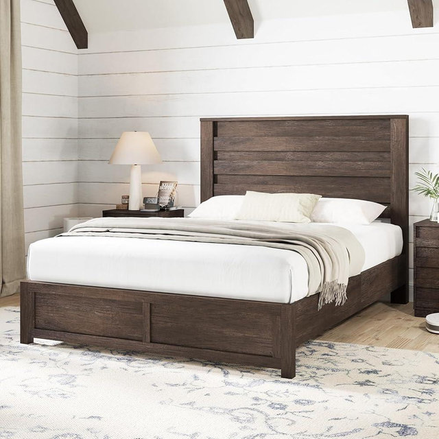 AMERLIFE Farmhouse Queen Size Bed Frame with 49" Fluted Headboard, Wood Platform Bed with Natural Grain, No Box Spring Needed, Noise Free, Grey