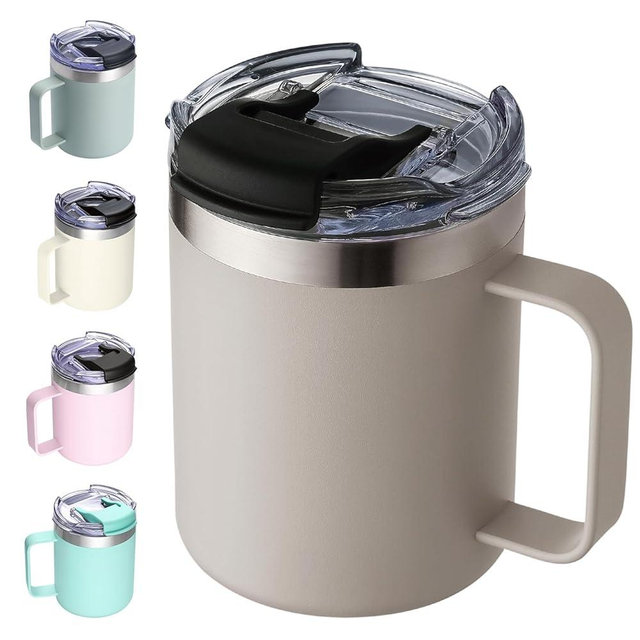ALOUFEA 12oz Insulated Coffee Mug Cup with Handle, Stainless Steel Travel Coffee Mug with Flip Lid, Double Wall Vacuum Coffee Tumbler,Apricot