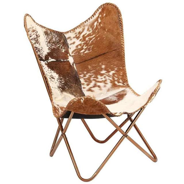 Home Decor Genuine Goat Leather Butterfly Arm Chair with Black/Brown White Hair on Cover (White and Brown with Ross Gold)