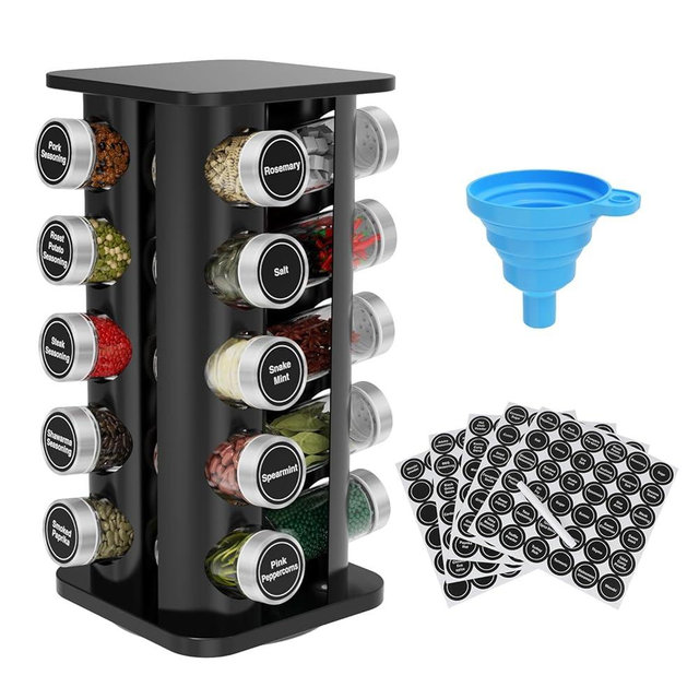 Daiumulti Rotating Spice Rack Organizer, Spice Tower for Countertop, Revolving Spice Rack Set for Cabinet, Black Steel Kitchen Seasoning Organizer with 20 Jars and Funnel Square-round