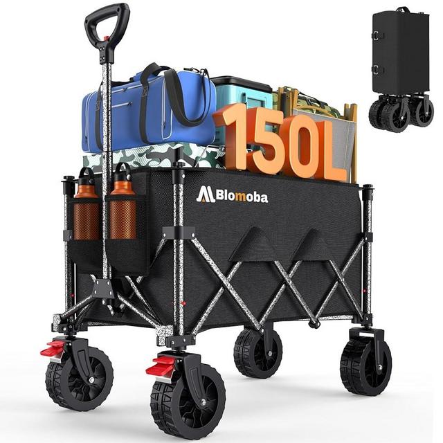 Blomoba Collapsible Wagon Cart, 150L Heavy Duty Foldable Beach Wagon with Wider Wheels & Auto-Rebound Handle, Utility Grocery Shopping Cart for Garden, Shopping, Camping, Sports, Black