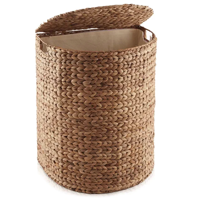 Casafield Half Moon Laundry Hamper with Lid and Removable Liner Bag - Cinnamon Brown, Woven Water Hyacinth Laundry Basket for Clothes, Towels