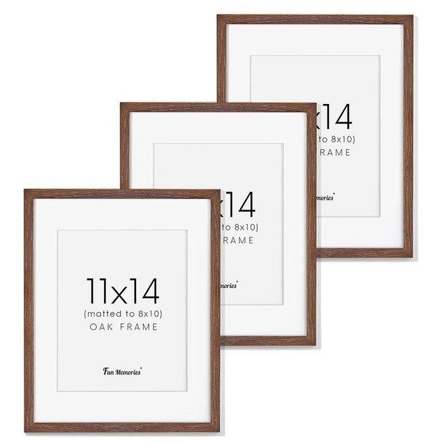 Fun Memories 11x14 Wood Picture Frame, Set of 3, Natural Oak Frame 11 x 14 with Tempered Glass, 8x10 Matted to Wood, Farmhousr Rustic Wooden Poster 11x14, Walnut Color