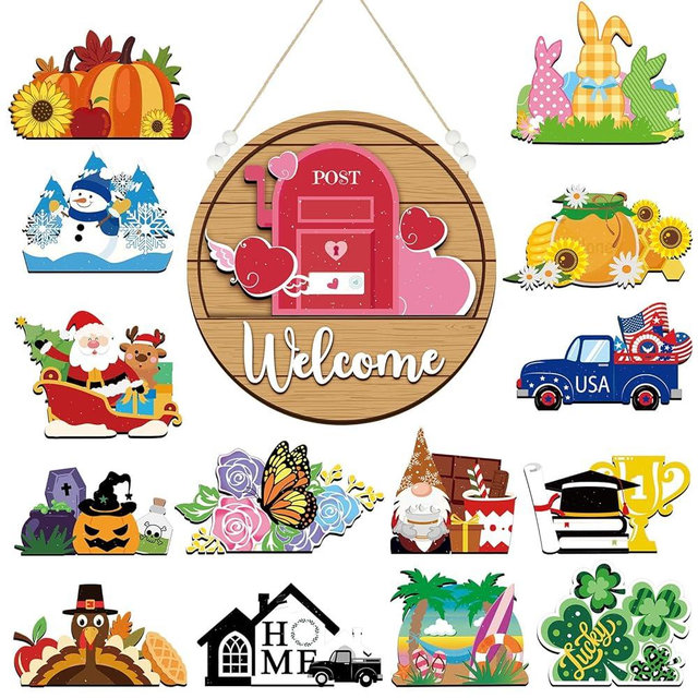 Sintuff 16 Pcs Valentines Interchangeable Seasonal Welcome Sign Interchangeable Front Door Decor Farmhouse Outdoor Welcome Signs for Valentines Easter Irish Holiday Decor(White Word, Wood Back)
