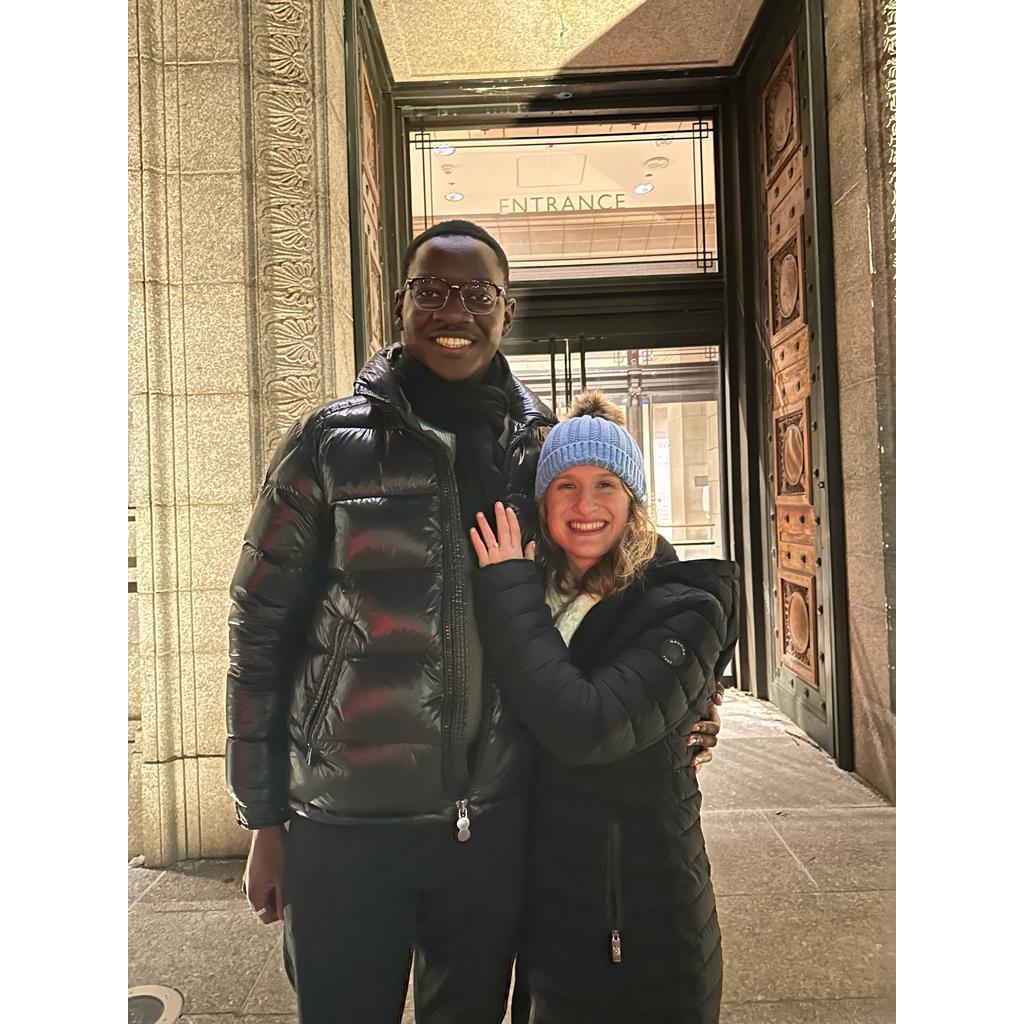 On the steps of the Museum of Fine Arts in Boston after Tidiane proposed!