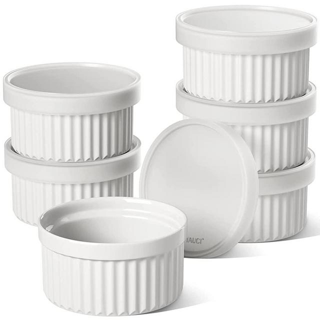 LE TAUCI 12 OZ Ramekins with Silicone Storage Lids, Creme Brulee Ramekins, Pudding Custard Cups Souffle Ramiken, Dipping Sauce Dishes, Ceramic Ramekin Bowls Set of 6, White