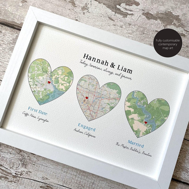Custom contemporary 3 location map art, met engaged married home, wedding anniversary engagement gift, modern maps available worldwide