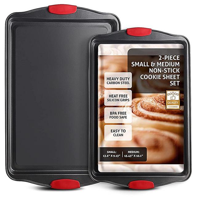 Baking Sheet Set, 2-Piece Cookie Sheet Set with Silicone Handles, Steel Baking Pan, Durable Baking Sheets for Oven, BPA Free Cookie Sheets for Baking Nonstick Set, Premium Sheet Pan, Black Baking Tray