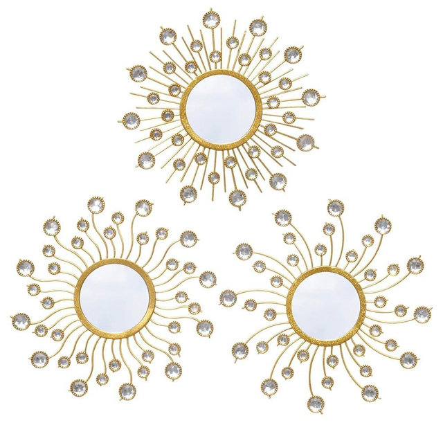 wotieuns Mirror Wall Decor Wall Mirrors Decorative Sunburst Boho Mirror Gold Mirror Wall Art Metal Decor Mirror Hanging Living Room Bedroom Bathroom Set of 3