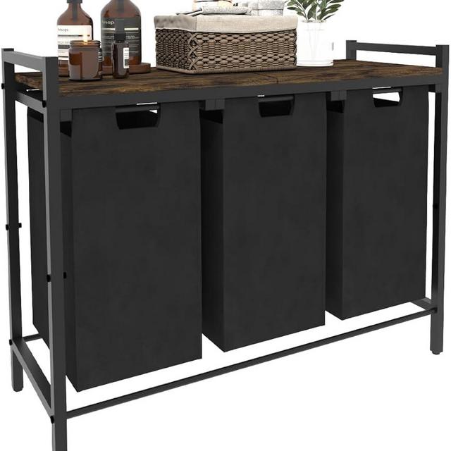 Waaliji 10 x 3 Gal Large Laundry Hamper with 3 Pull-Out & Removable Sorter Bags, Freestanding Clothes Basket Organizer for Clothing or Toys in Bathroom and Living Room, Rustic Brown and Black