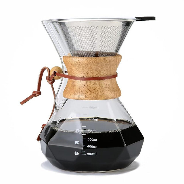 Lalord Pour Over Coffee Maker with Reusable Stainless Steel Filter, 27 oz Borosilicate Glass Coffee Carafe, Wooden Collar, Coffee Maker Carafe, Hold 4-6 Cups, 800 ml, Clear