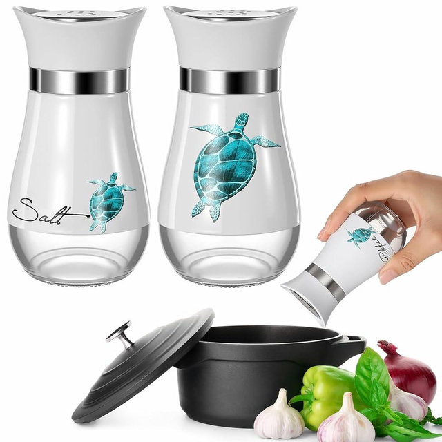 Bokon 2 Pack Sea Turtle Salt and Pepper Shakers Set, Stainless Steel Containers with Glass Bottom for Kitchen Accessories, Home Decorations, Cooking, BBQ, Camp, Beach, Bar, Coastal Theme Gift Idea