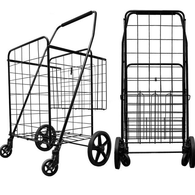Jumbo XXL Folding Shopping Cart with 360° Swivel Wheels, Heavy-Duty Double Basket for Groceries, Laundry, and More – Black, Model S-2777