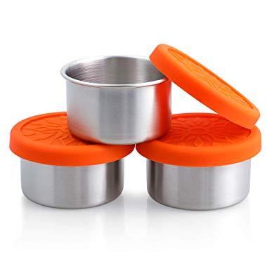 SUKKI Stainless Steel Condiment Containers - 3 x 3.4oz Salad Dressing Containers with Food Grade and Leakproof Silicone Lids - for Snacks, Desserts, Souffle, Baby Food
